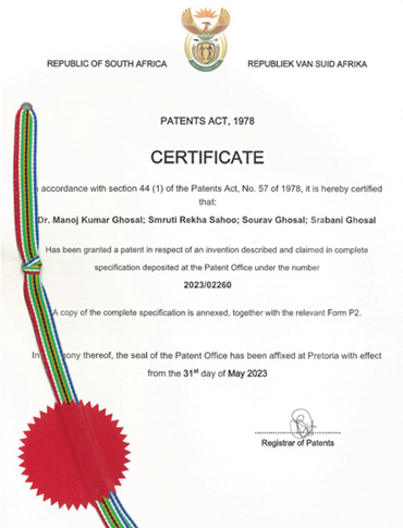 Patents from Govt. Of South Africa regarding Zero Energy Cool chamber system for the benefit of Rural Farmers of Odisha.